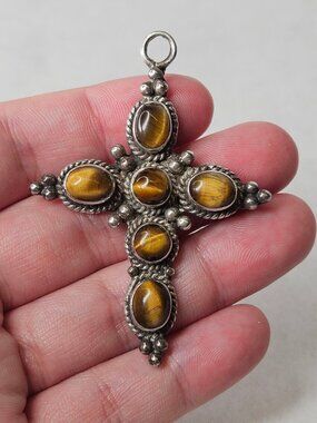 925 Sterling Silver Tiger's Eye Gemstone Cross Pendant Charm